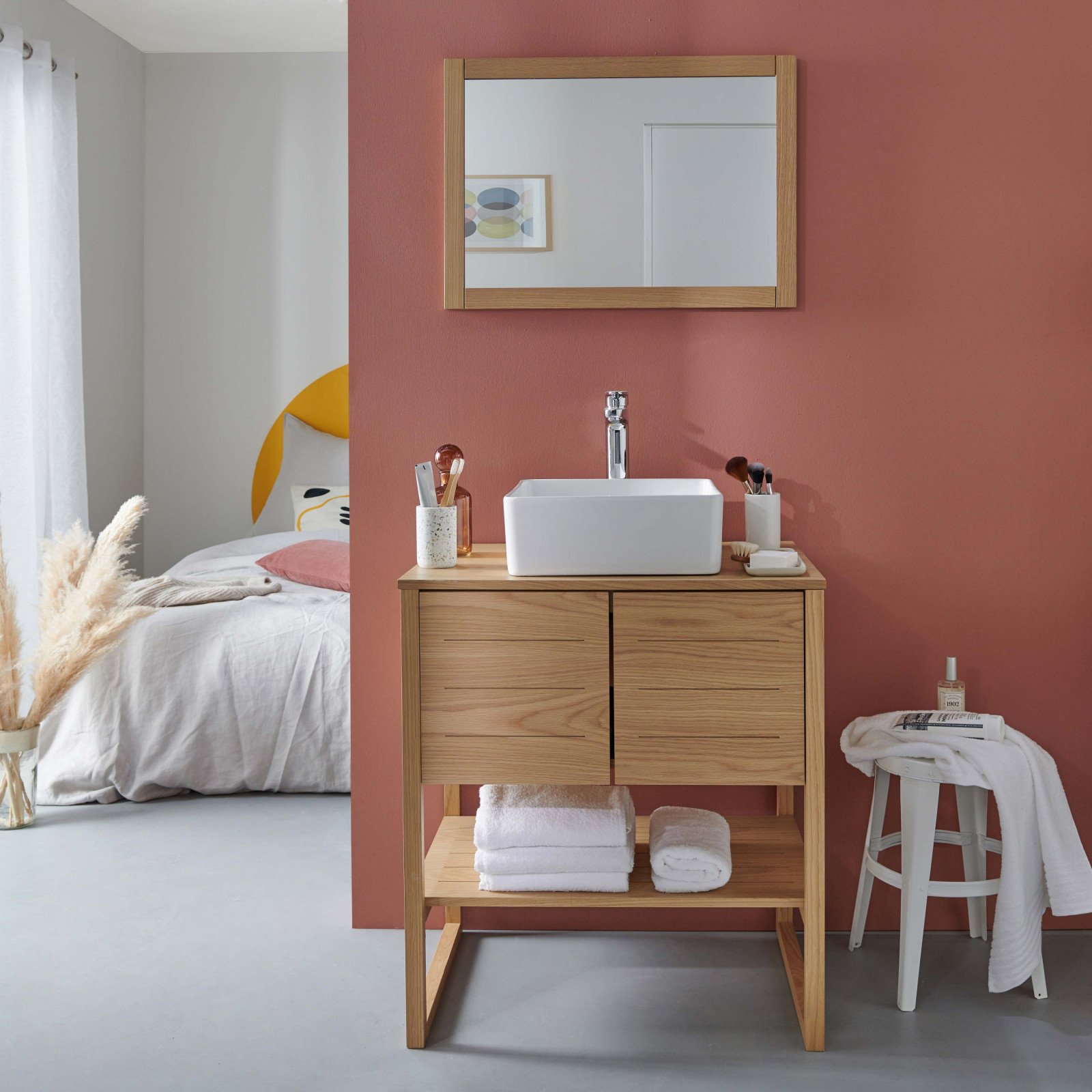 Meuble Sous Vasque Plaqué Chêne Naturel Atoll 70cm + Vasque + Miroir Carré