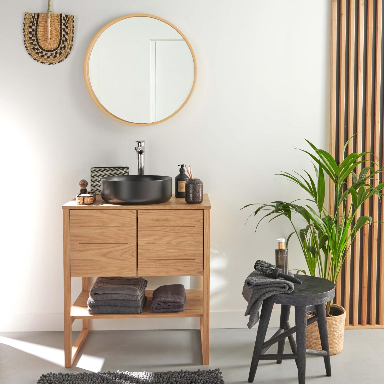 Meuble Atoll 70cm Chêne Vasque Ronde Noire Robinet Miroir