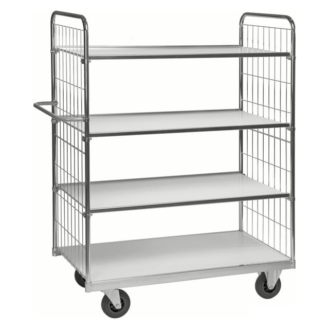 Kongamek Bordwagen verzinkt mit 4 laminierten Böden 1600x600mm vergitterte Stirnwände mit Bremse