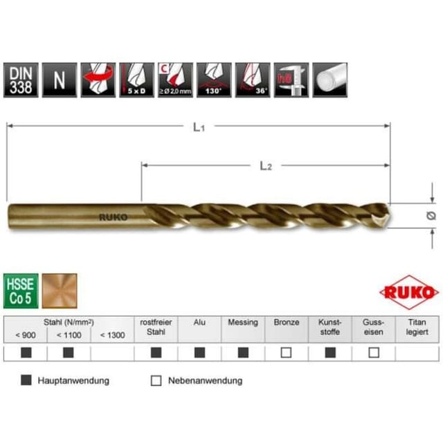 RUKO Spiralbohrer DIN 338 Typ N HSS Co 5 geschliffen, mit Kreuzanschliff Ø 13,0 x 151 x 101 mm 5 Stk