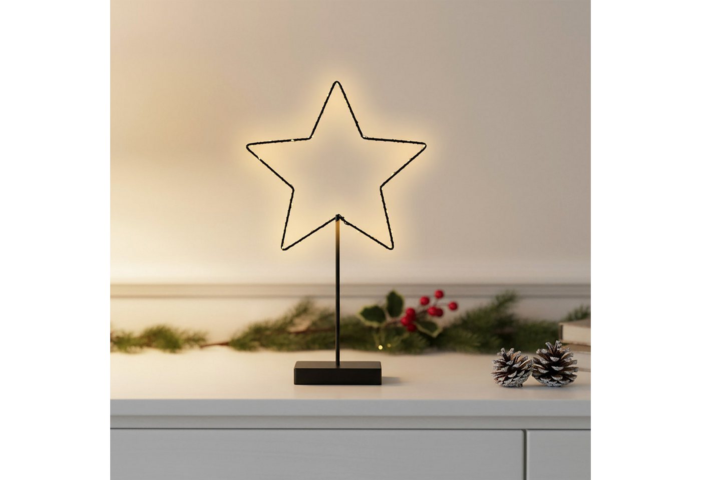 Metall Leuchtstern Tisch Aufsteller Schwarz Batteriebetrieben Mit Timer - 43 X 25 Cm - Stern Silhouette Mit Standfuß Beleuchtet Mit 30 Led In Warm Weiß Bild 4