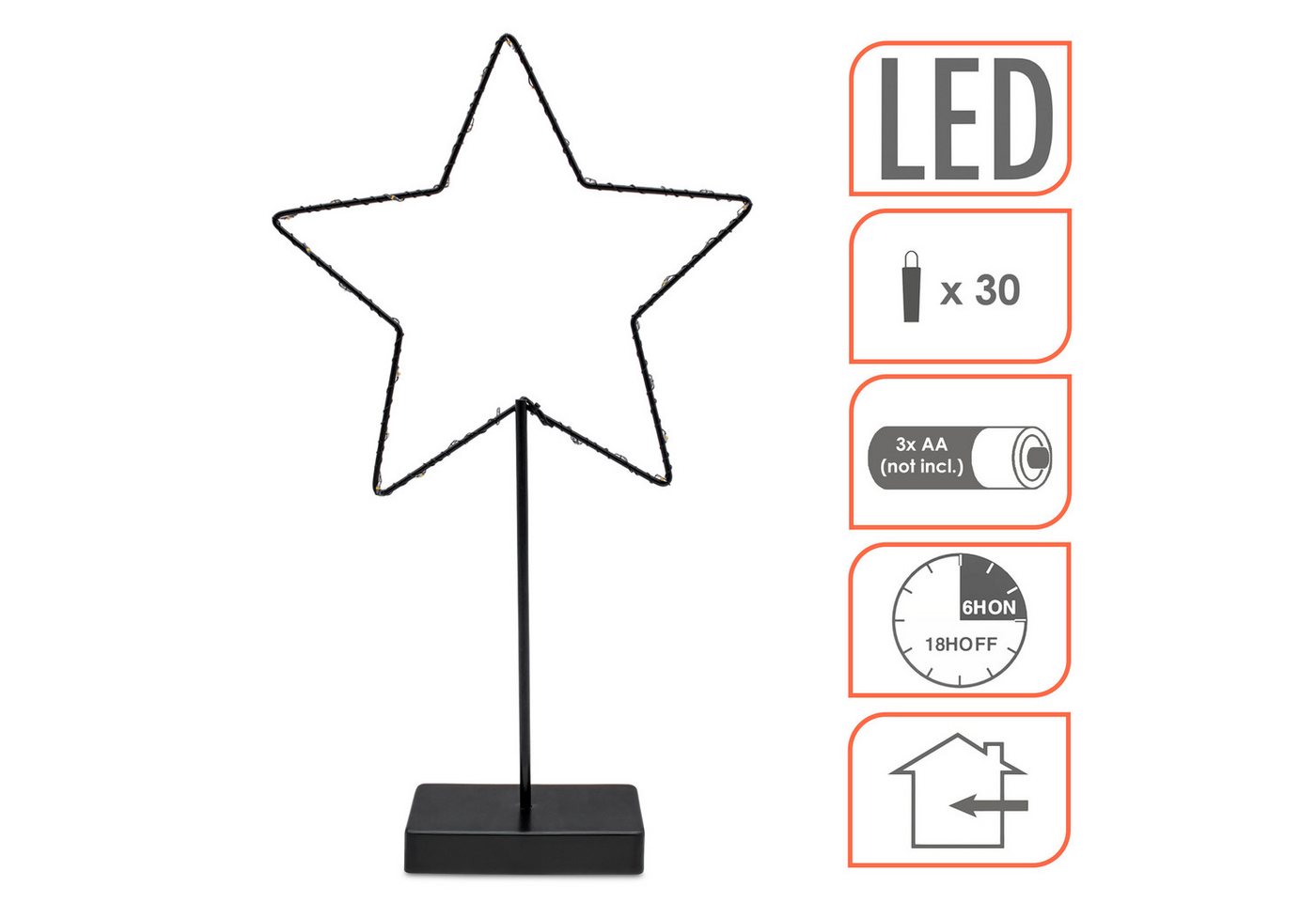 Metall Leuchtstern Tisch Aufsteller Schwarz Batteriebetrieben Mit Timer - 43 X 25 Cm - Stern Silhouette Mit Standfuß Beleuchtet Mit 30 Led In Warm Weiß Bild 5