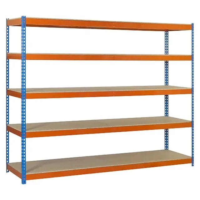 Simonrack Regalsystem ohne Schrauben Außenlagerung Blau Orange Holz