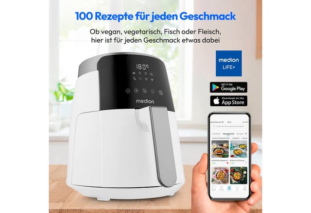 Heißluftfritteuse - MEDION - MD13030 - Digital - Airfryer - 1500 Watt - Timer 60 Min - Bis zu 200°C - 4,7 L - Weiß