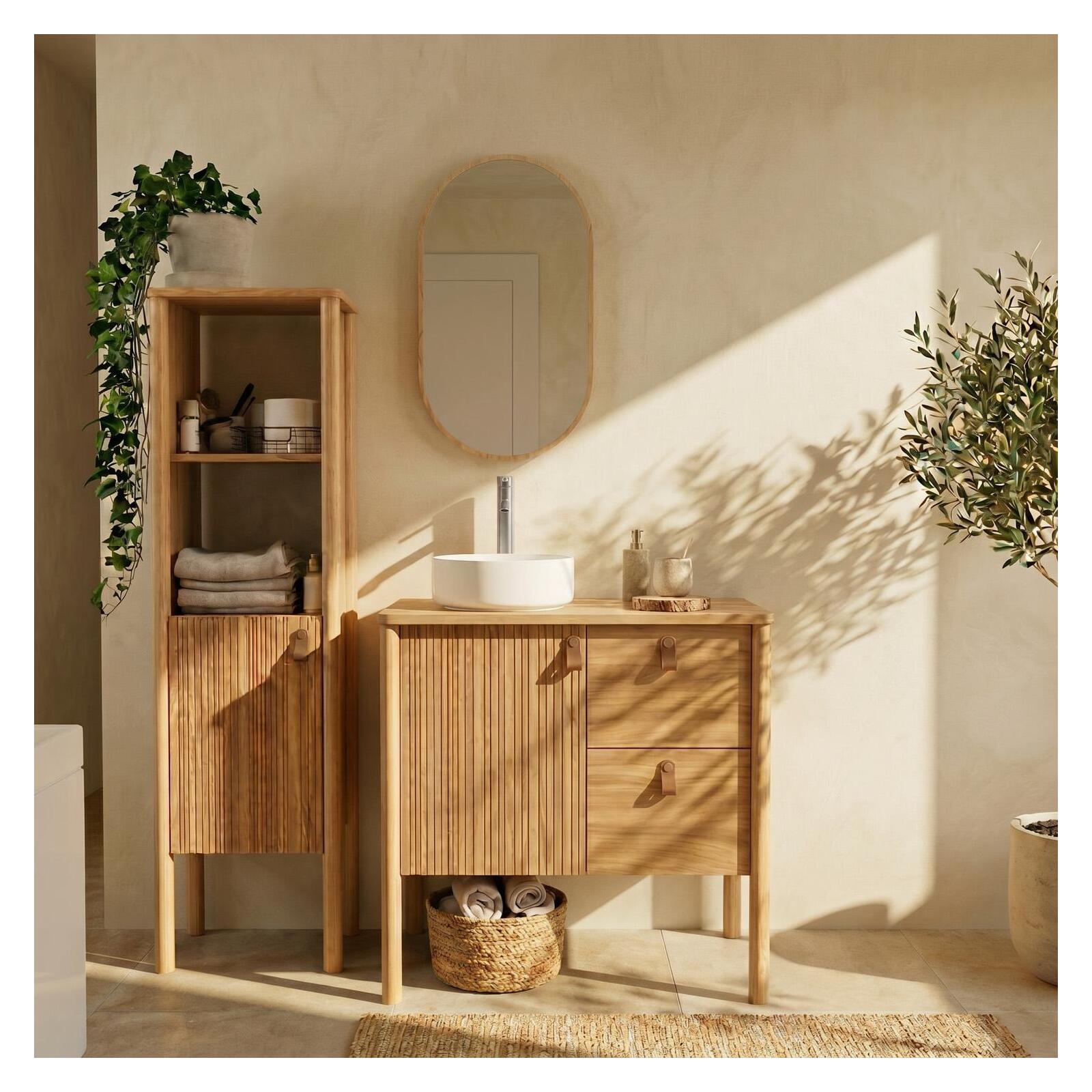 Meuble Joy Chêne 80cm, Vasque, Miroir, Robinet Et Colonne