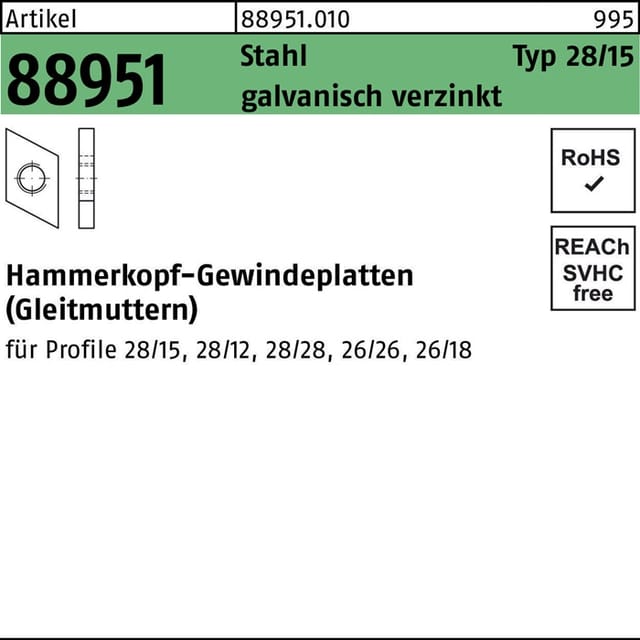 Hammerkopf Gewindeplatte Typ 28/15, M 8 , gal Zn gal Zn S 100 Stk