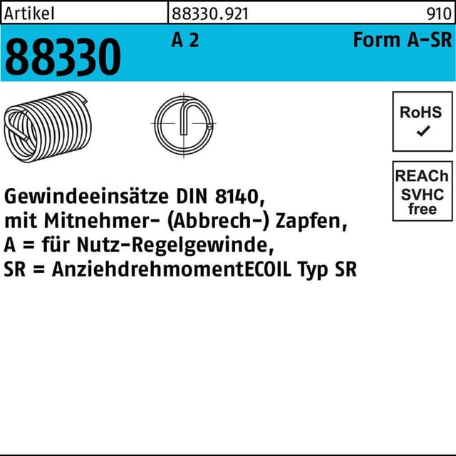Amecoil - Gewindeeinsatz r 88330 FormA M8x 20 a 2 100 Stück 100 Stk