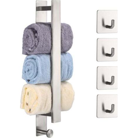 Porte Serviette Salle De Bain Sans Percage 40cm Avec 4 Crochets, Porte Serviette Adhesif Murale Sus 304 Acier Inoxydable, Support Serviette Salle De Bain, Accessoire Et Salle De Bain Cuisine