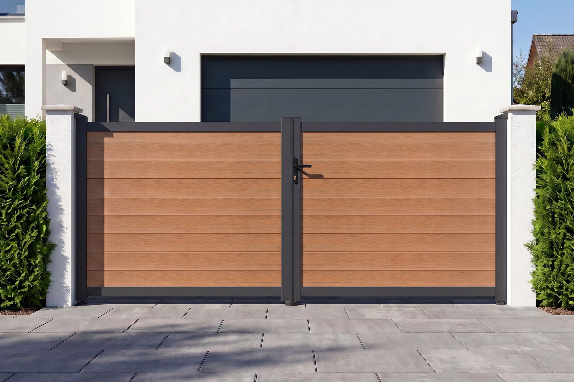 Athos 3,5 M H. 160 Cm Schwingtor Aus Massivholzverbundwerkstoff In Teak Mit Aluminiumrahmen