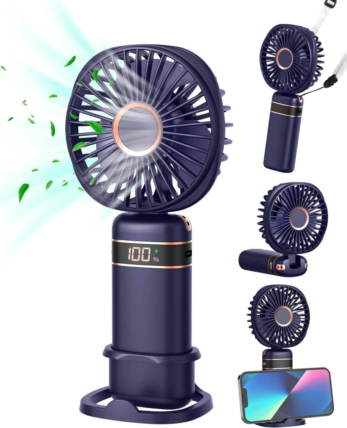 Tragbarer Mini-usb-ventilator, Wiederaufladbar, 5-gang-klappbar, Mit Sockel Und Kabel Für Zuhause, Büro, Schlafzimmer, Outdoor-reisen (dunkelblau)