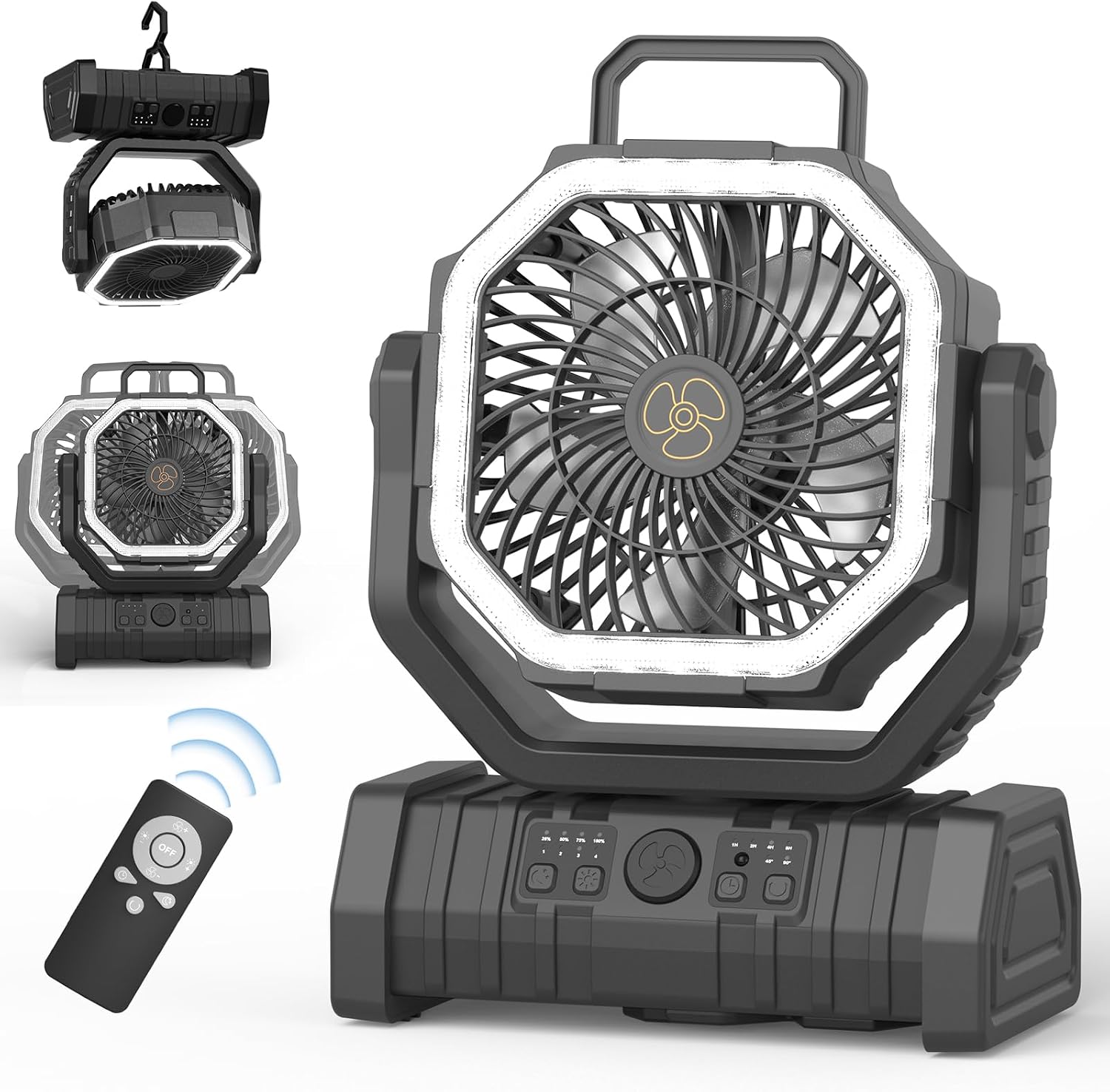 Tragbarer Camping-ventilator Mit Led-licht, 4 Stufen, 20000 Mah, Mit Fernbedienung Und Haken, Leiser Usb-tischventilator Für Angeln, Picknick, Grillen, Wandern