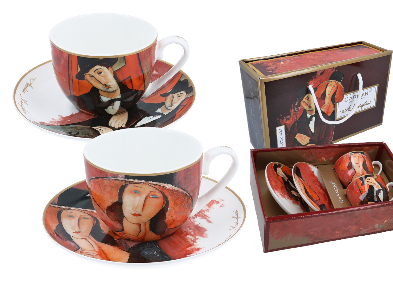 Set Aus 2 Tassen Mit Untertassen, Motiv: Modigliani-frau Mit Hut, Geschenkidee