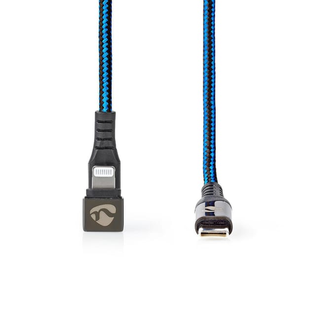 Usb kabel usb 20 apple lightning 8 polig usb c stecker 60 w 480 mbps vernickelt 100 m rund geflochten nylon blau schwarz box mit abgedecktem fenster