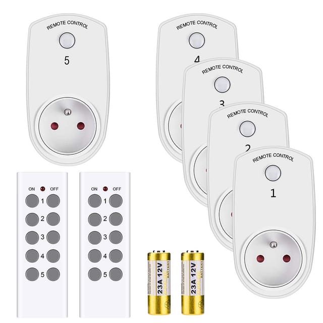 Set mit 5 intelligenten, ferngesteuerten Steckdosen, kabellose Steckdose mit 2 Fernbedienungen, programmierbare Steckdosen, europäischer Stecker, Weiß