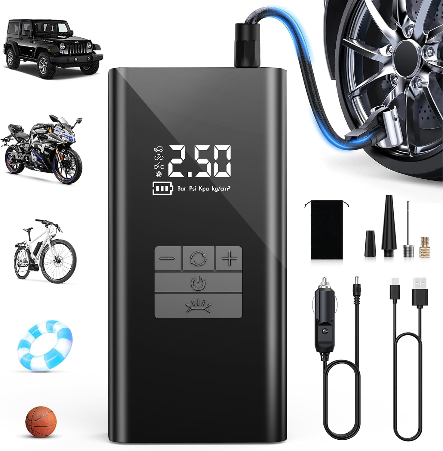 Tragbarer Luftkompressor 45l/min Mit 6000mah Akku – Schneller Reifenaufblaser Für Autos, Powerbank-funktion, Led-beleuchtung – 4 Modi – Ideal Für Autos, Fahrräder, Motorräder, Bälle