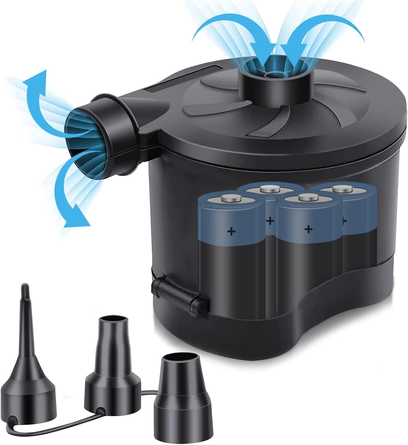 Elektrische Luftpumpe Mit Batteriebetrieb, Tragbarer Aufblaser Für Camping, Luftmatratzen, Aufblasbare Pools, Schwimmhilfen, Boote Und Spielzeug, 3 Düsen