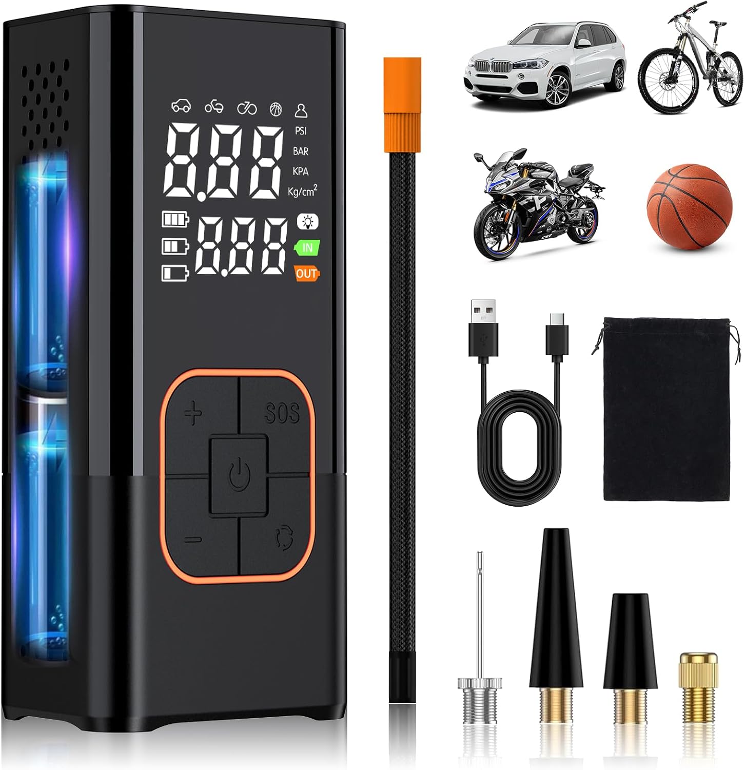 Tragbarer Reifenkompressor 150 Psi 7,4v – Kabellose Luftpumpe Mit Dualer Digitalanzeige, Zwei 1800mah-akkus, Voreinstellung Des Drucks Und Speicherfunktion Für Auto, Motorrad Und Fahrrad
