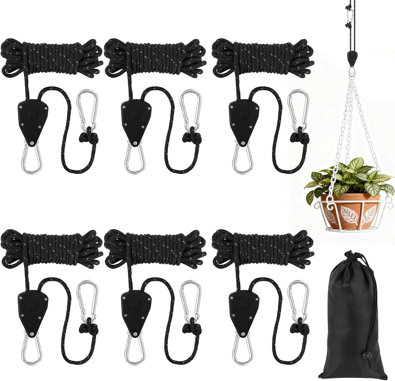 6 Stück Ratschenseile Mit Haken, 4 Mm Zeltseil Camping Mit Spanner Und Aufbewahrungsbeutel, 4 M Verstellbares Ratschenseil, Leichtes Campingseil, Für Vordach, Camping, Lampen, Pflanzen (schwarz)