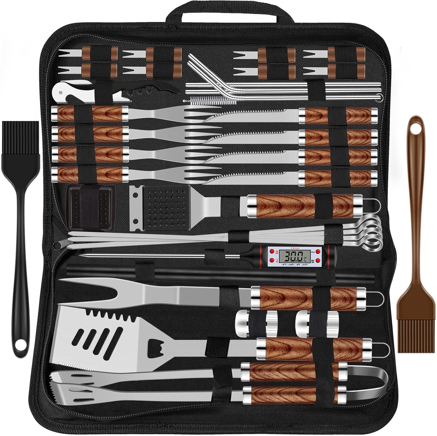 38-teiliges Grillset Aus Edelstahl Für Männer, Hochwertiges Grillutensilien-set Mit Tasche Und Matte Für Camping, Braun