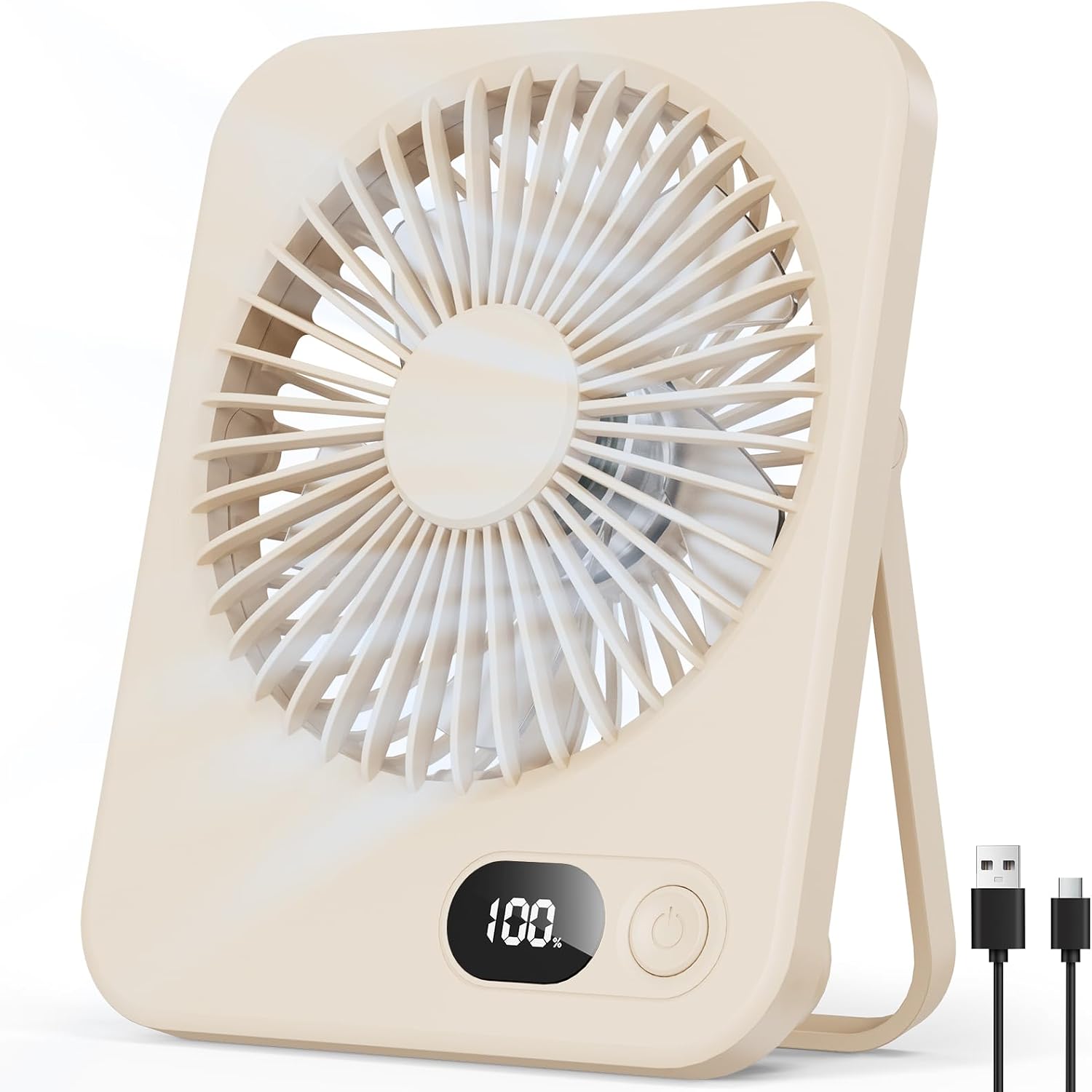 Mini-tischventilator - 1000 Mah Wiederaufladbar, Led-anzeige, 5 Geschwindigkeiten, 3-8 Stunden Laufzeit - Für Büro, Schlafzimmer, Zuhause, Camping (beige)