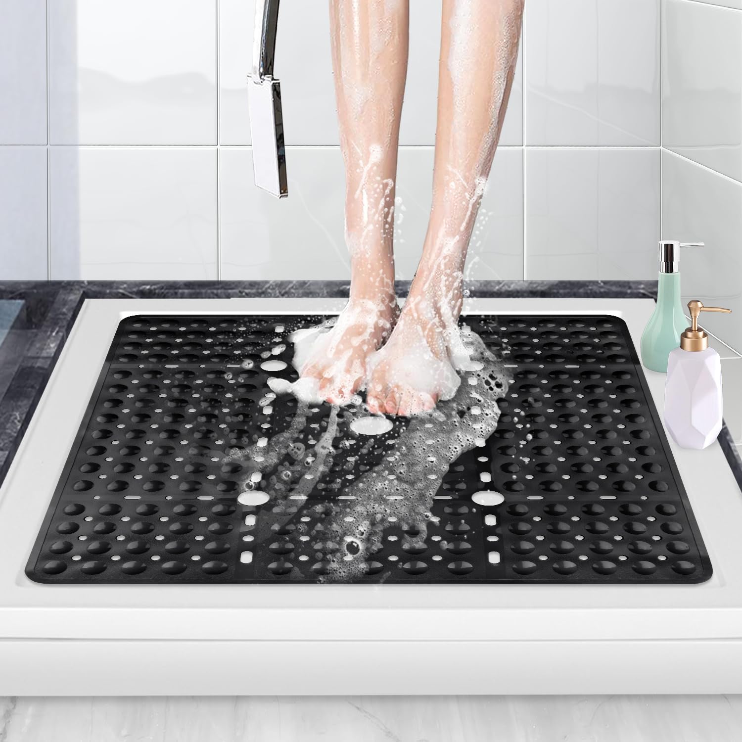 Rutschfeste Duschmatte 70x70cm Große Quadratische Badewannenmatte Mit Starken Saugnäpfen, Schimmelresistente Pvc-badematte Aus Gummi Für Senioren, Maschinenwaschbar (schwarz)