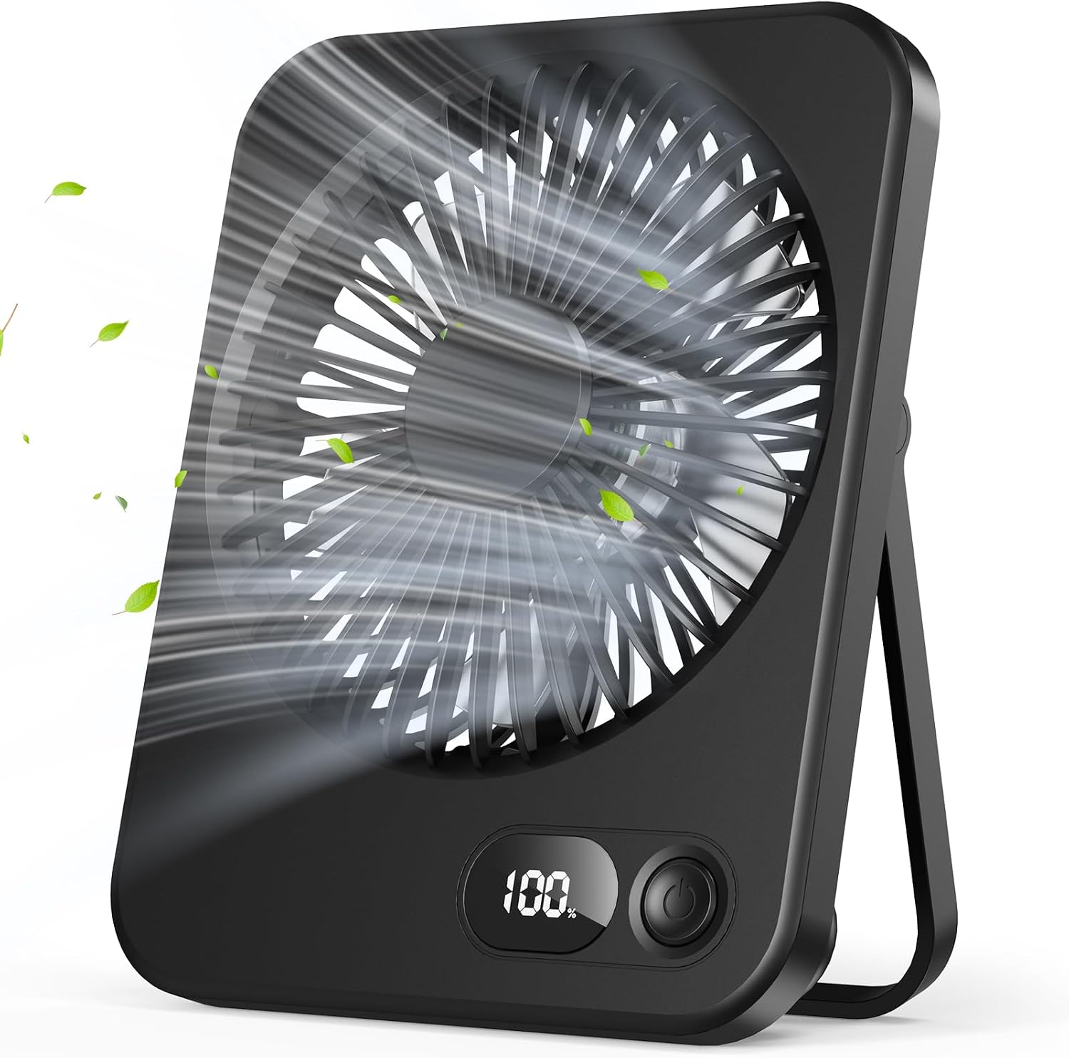 Kleiner Tischventilator - 1000mah Wiederaufladbar, Led-anzeige, 5 Geschwindigkeiten, Laufzeit 3-8h - Für Büro, Schlafzimmer, Zuhause, Camping (schwarz) [energieeffizienzklasse A+++]