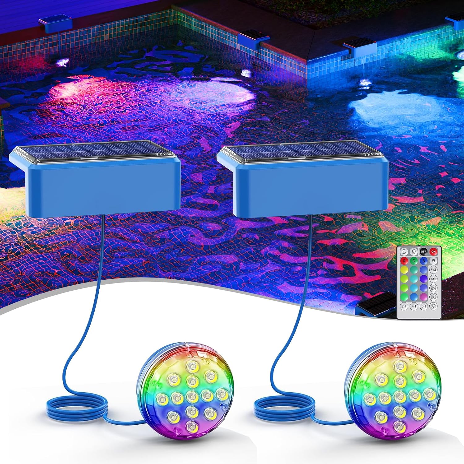 2er Set Solar-pool-leuchten, Led-solarlampe Für Pool Mit Fernbedienung [mehrfarbig & Warmweiß] Für Whirlpool, Aquarium, Garten, Brunnen, Party, Ip68 Wasserdicht, 1500 Mah