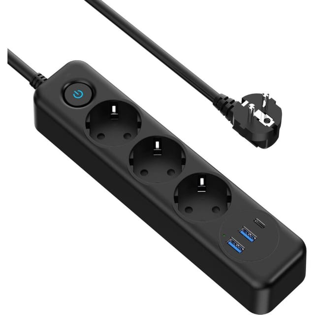 3-fach Steckdosenleiste mit 20-W-USB-C-PD-Schnellladeanschluss und 2 USB-A-Anschlüssen, 4000-W-/16-A-Überspannungsschutz, Schalter und 2-m-Kabel für