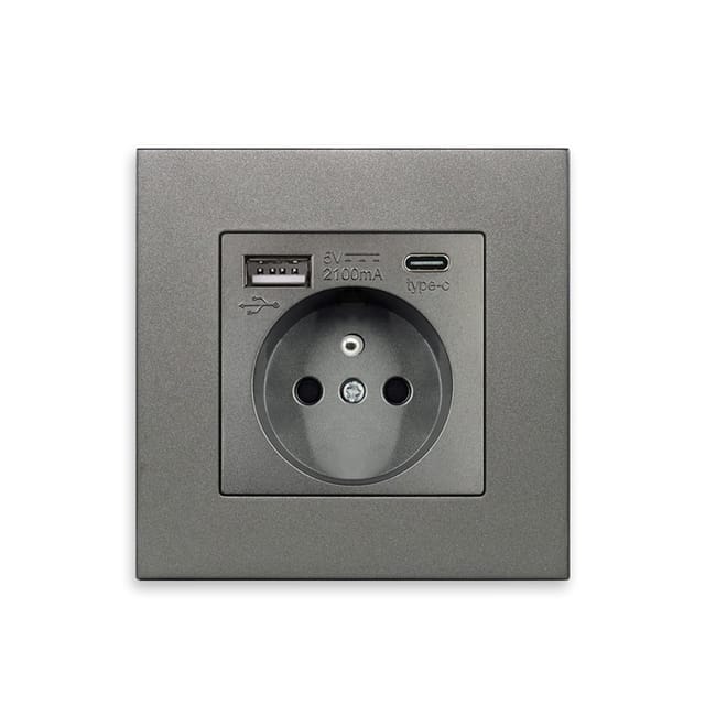 USB-Typ-C-Steckdose, Ladeanschluss, Heimnetzteil, EU-Standardstecker, AC 110–250 V, 16 A (grau)