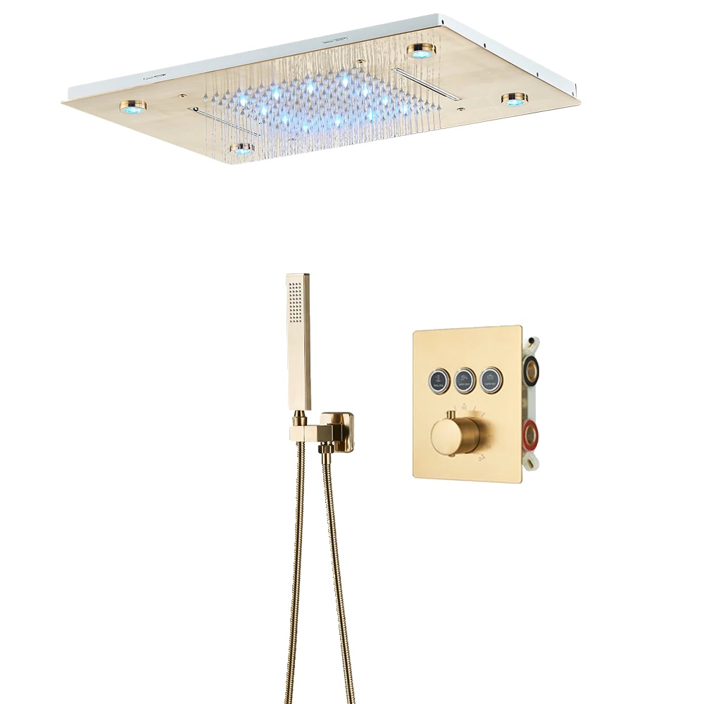 Duscharmatur-set Fürs Badezimmer, Led-regenduschkopf Mit Auslauf, 3-wege-unterputzmischer Für Warm- Und Kaltwasser, Oberfläche In Gebürstetem Gold