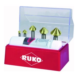Kegel- und Entgratsenker-Satz 6tlg. din 335 Form c 90° HSS-TiN ø 6,3 - 25 mm + Schneidpaste 50 ml in Kunststoffkassette - 102142T - Ruko