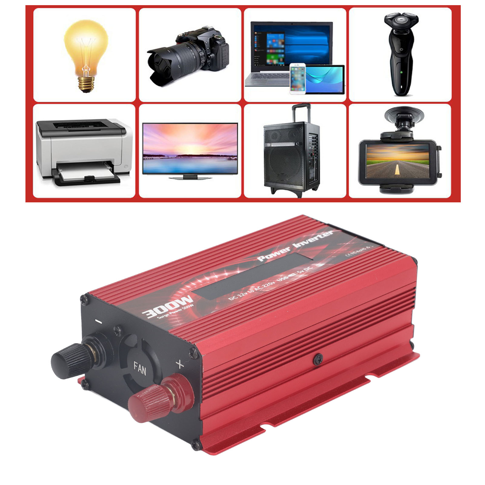 300-w-solarwechselrichter Für Den Außenbereich, Modifizierter Sinus-wechselrichter, 12-v-dc-zu-220-v-ac-wandler Mit 2,0-a-usb-anschluss, Lüfter Und Lcd-bildschirm (rot)