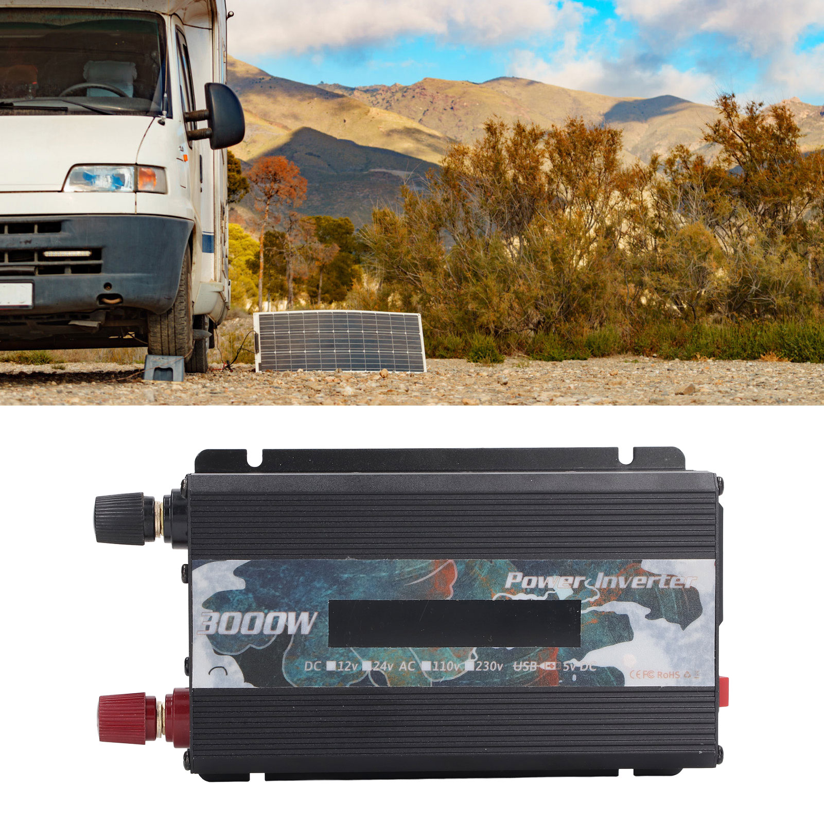 3000-w-wechselrichter (12 V/24 V Dc Auf 110 V Ac) Mit Modifizierter Sinuswelle Für Solaranlagen Im Außenbereich Oder In Fahrzeugen, Mit 2-a-usb-anschluss, Lüfter Und Lcd-display, Schwarz, 12 V Dc
