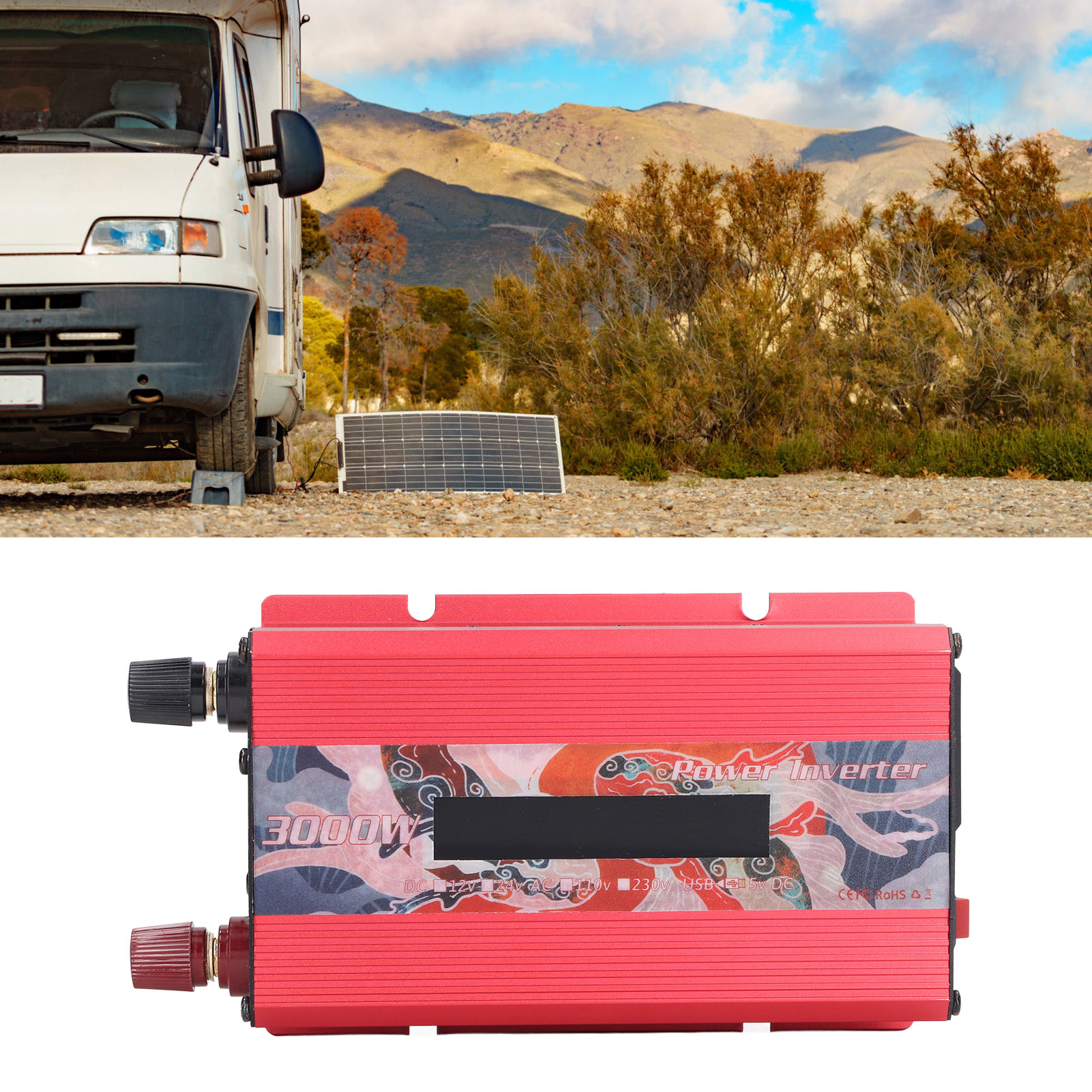 3000-w-wechselrichter (12 V/24 V Dc Auf 110 V Ac), Modifizierter Sinus-wechselrichter, Solarwechselrichter Für Den Außenbereich/fahrzeugmontage Mit 2-a-usb-anschluss, Lüfter Und Lcd-display, Rot, 24 V