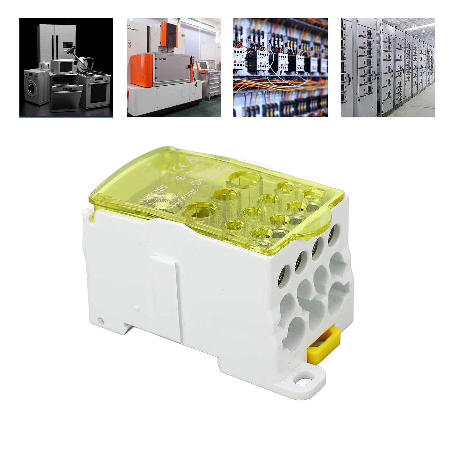 Ukk250 C45 Einpolige Din-schienen-anschlussdose, Modularer Verteiler, 690 V 250 A, Gelb.
