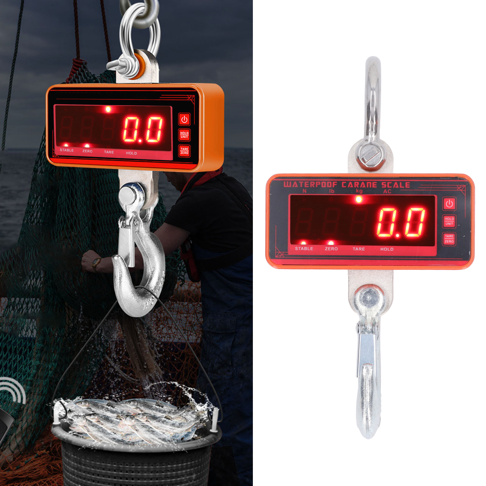 Wasserdichte Kranwaage 1000 Kg/2000 Lb Ocs-p3 Mit Orangefarbenem Haken, Elektronische Kranwaage, Drahtlose Kranwaage, Europäischer Standard 100–240 V