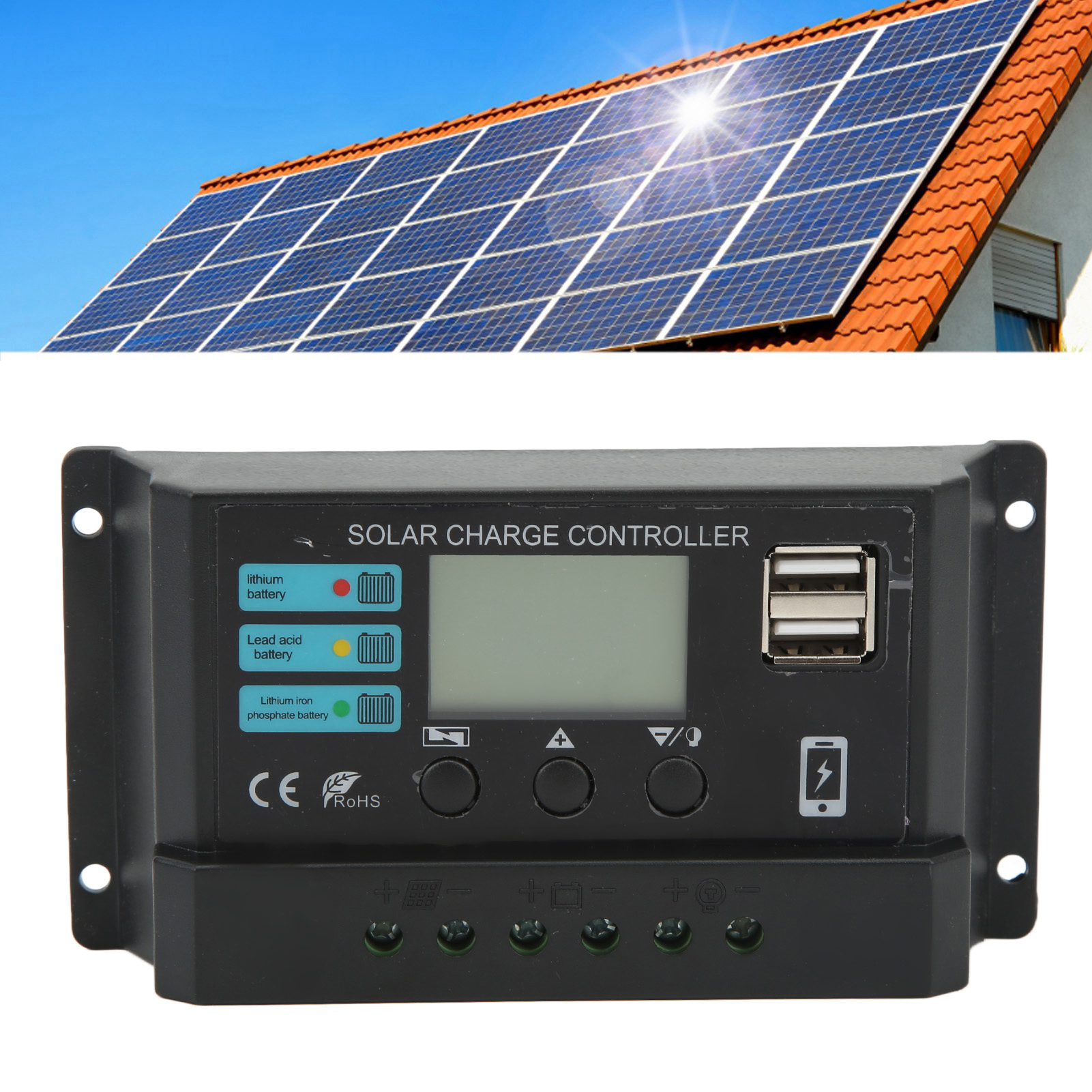 Schwarzer Blei-säure-lithium-ionen-solarladeregler Mit Lcd-bildschirm, Adaptiv 12v/24v, 30a.
