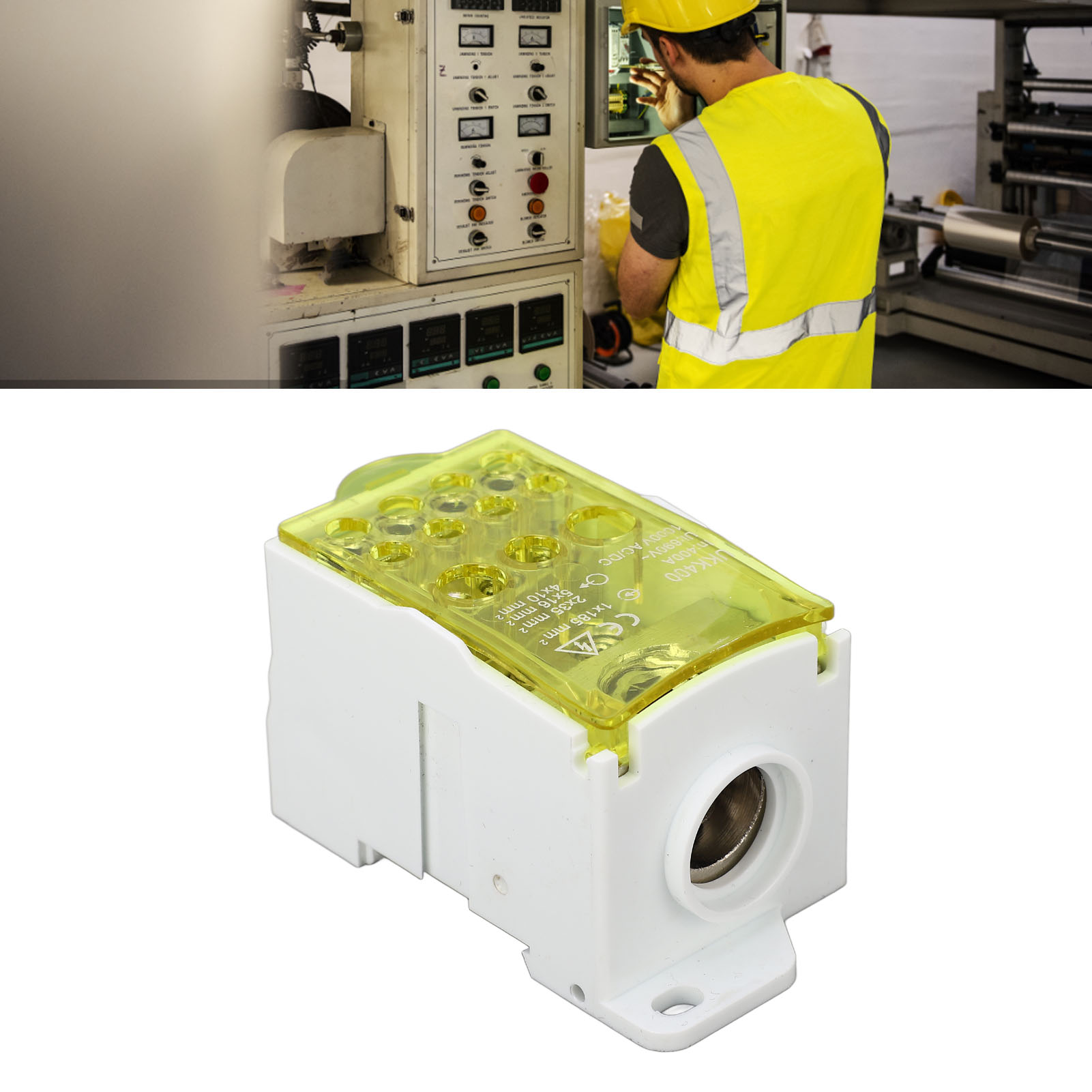 Ukk400 C45 Din-schienen-anschlussdose, Einpolig, Modularer Verteiler, 690 V 400 A, Gelb.