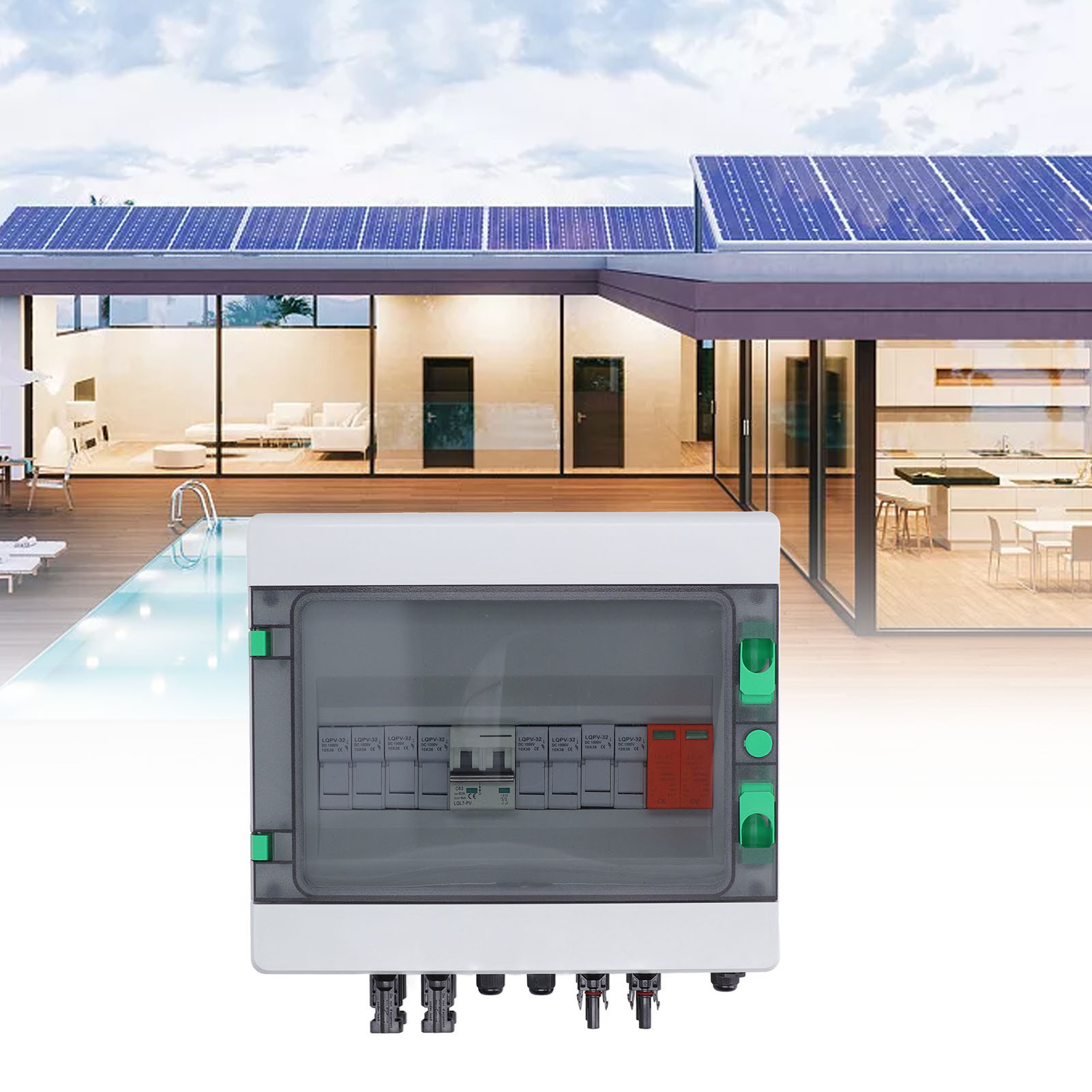500-v-photovoltaik-anschlussdose Mit Vier 15-a-sicherungssträngen, Einem 63-a-überspannungsschutzschalter Und Einem Solaranschluss. Schutzart Ip65, Kompatibel Mit Netzgekoppelten Und Netzunabhängigen