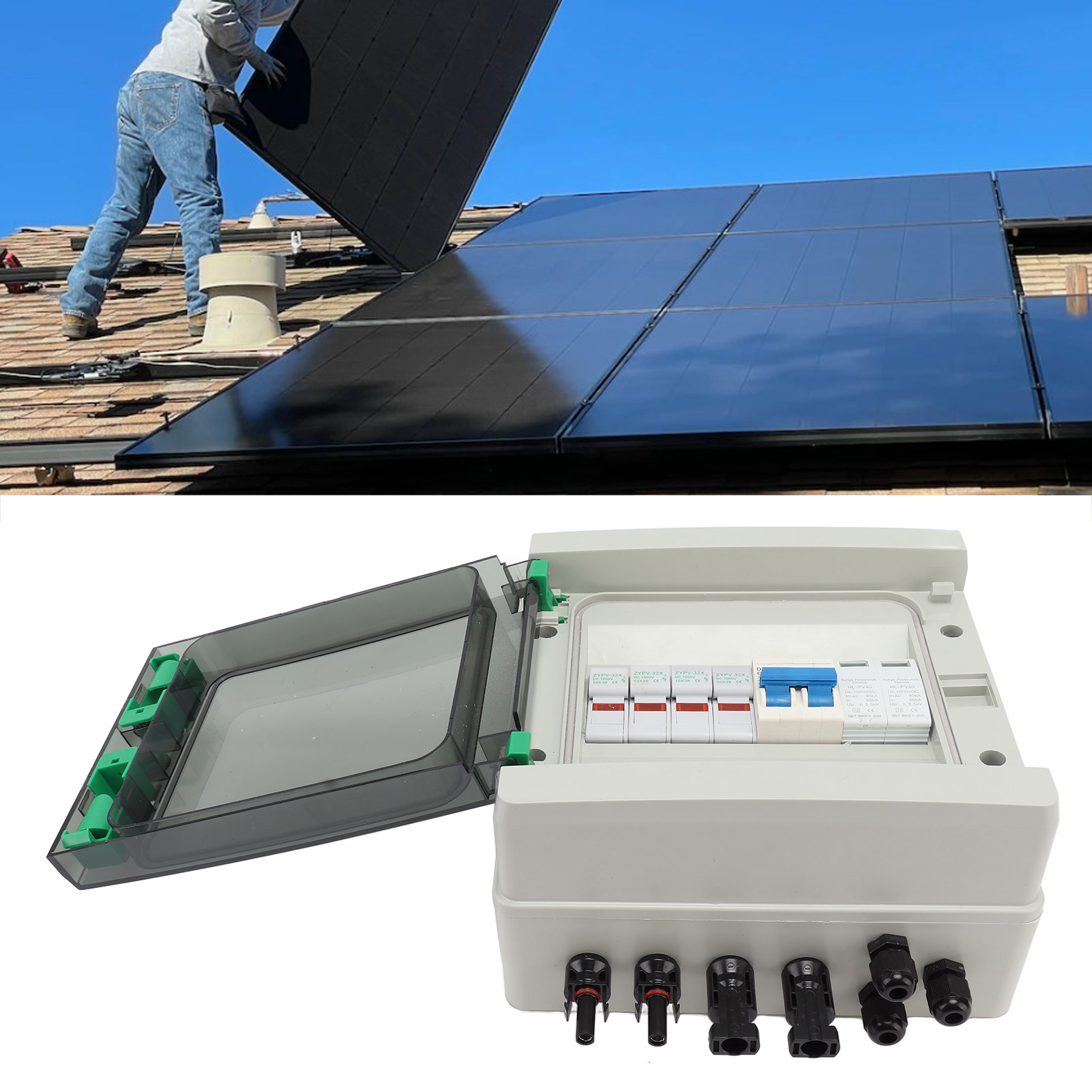 2-strängige Dc 1000v Solar-photovoltaik-kombinationsbox, 15a Nennstromsicherung, Überspannungsableiter, 63a Dc-leistungsschalter, Ip67 Wasserdicht, Geeignet Für Netzgekoppelte/netzunabhängige Solaranl