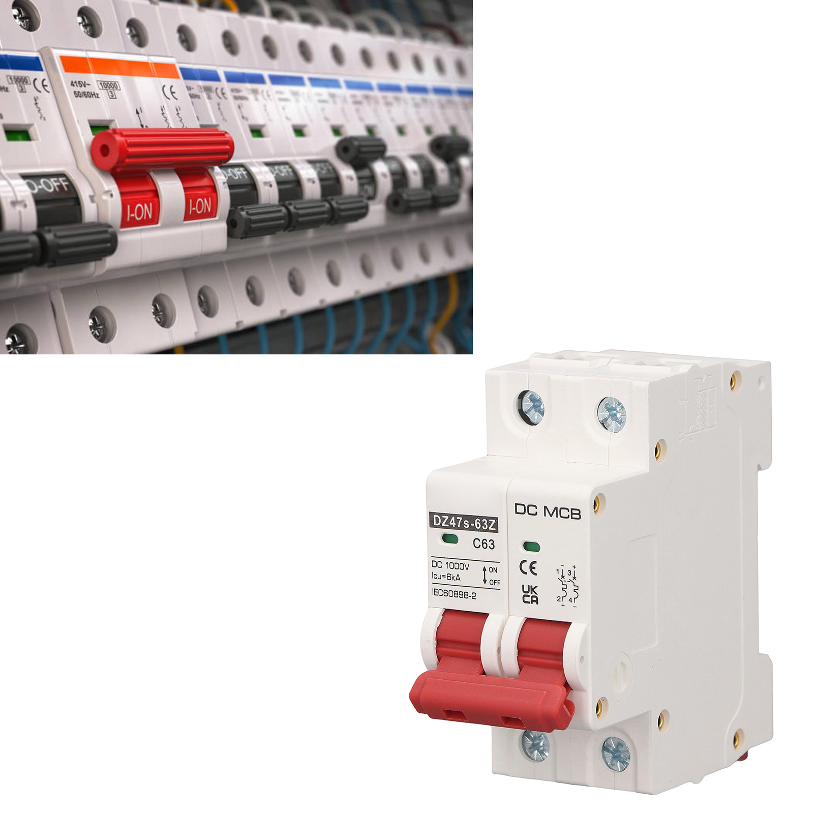 Miniatur-leistungsschalter Dz47s-63z C63 2p Dc 1000v Für Solar-photovoltaikanlagen, 63a Mit Din-schiene, Segmentierte Kapazität 6000a.