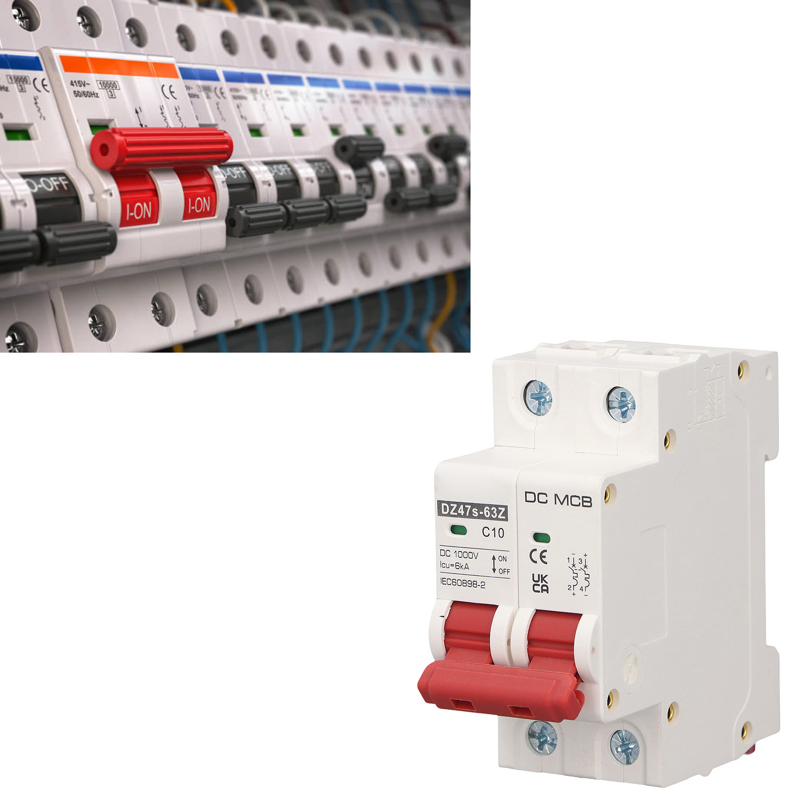 Miniatur-leistungsschalter Dz47s-63z C10 2p Dc 1000v Für Solar-photovoltaikanlagen, 10a, Mit Din-schiene, Segmentierte Kapazität 6000a.