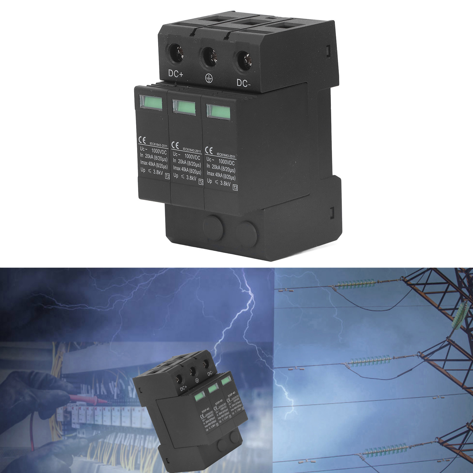 Sgsp-40 Schwarzer Photovoltaik-überspannungsschutz, 1000 V, Dreiphasig, 40 Kv