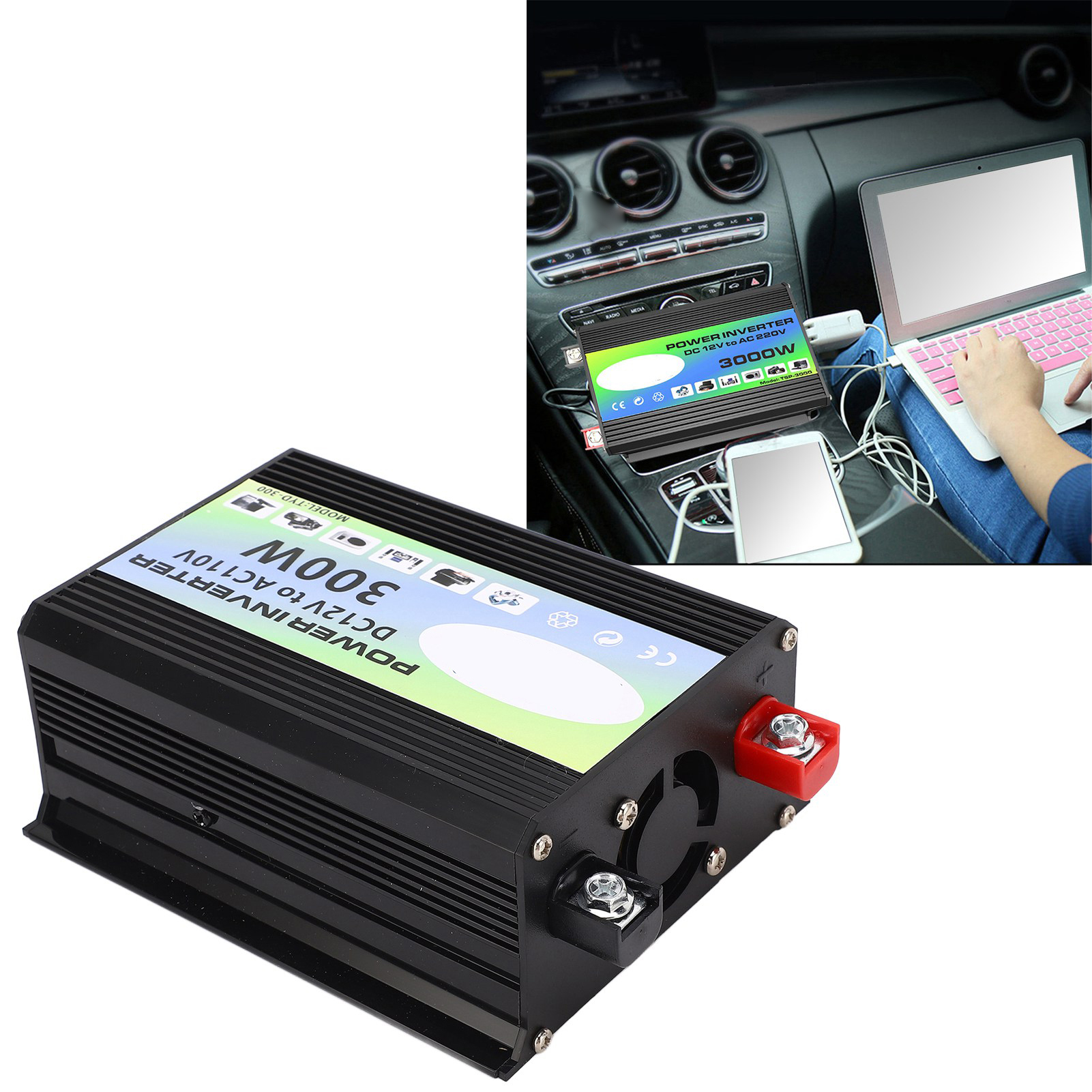 Tyd-300 Dc12v Auf Ac110v 300w Spannungswandler Mit Korrigierter Flankensteilheit, Batteriestandsanzeige, 2 Usb-anschlüssen, 1 Universalsteckdose, Zigarettenanzünder-ladegerät Und Krokodilklemmenkabel.