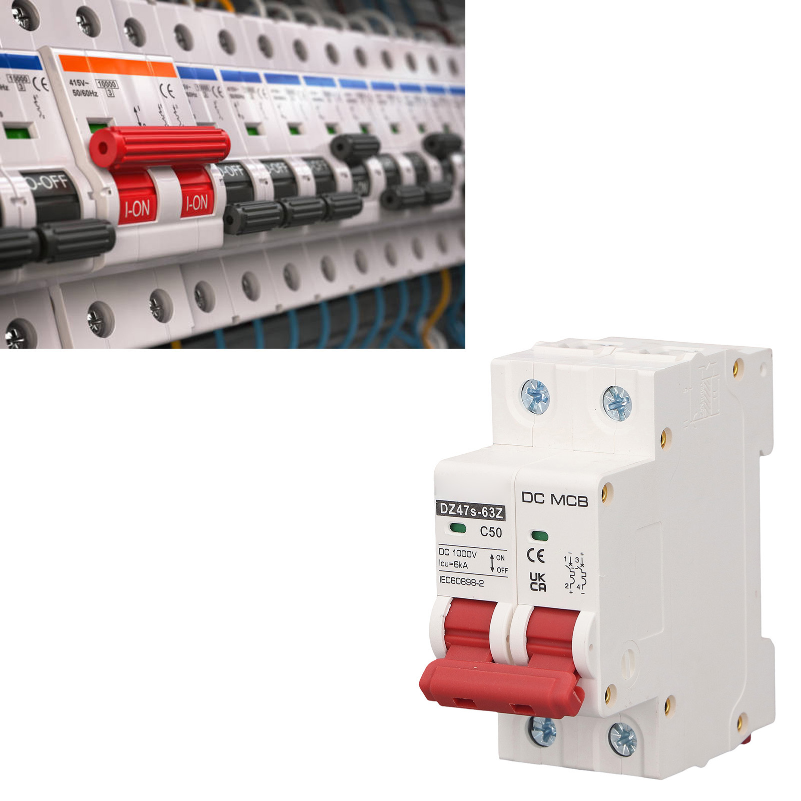 Miniatur-leistungsschalter Dz47s-63z C50 2p Dc 1000v Für Solar-photovoltaikanlagen, 50a, Mit Din-schiene, Segmentierte Kapazität 6000a.