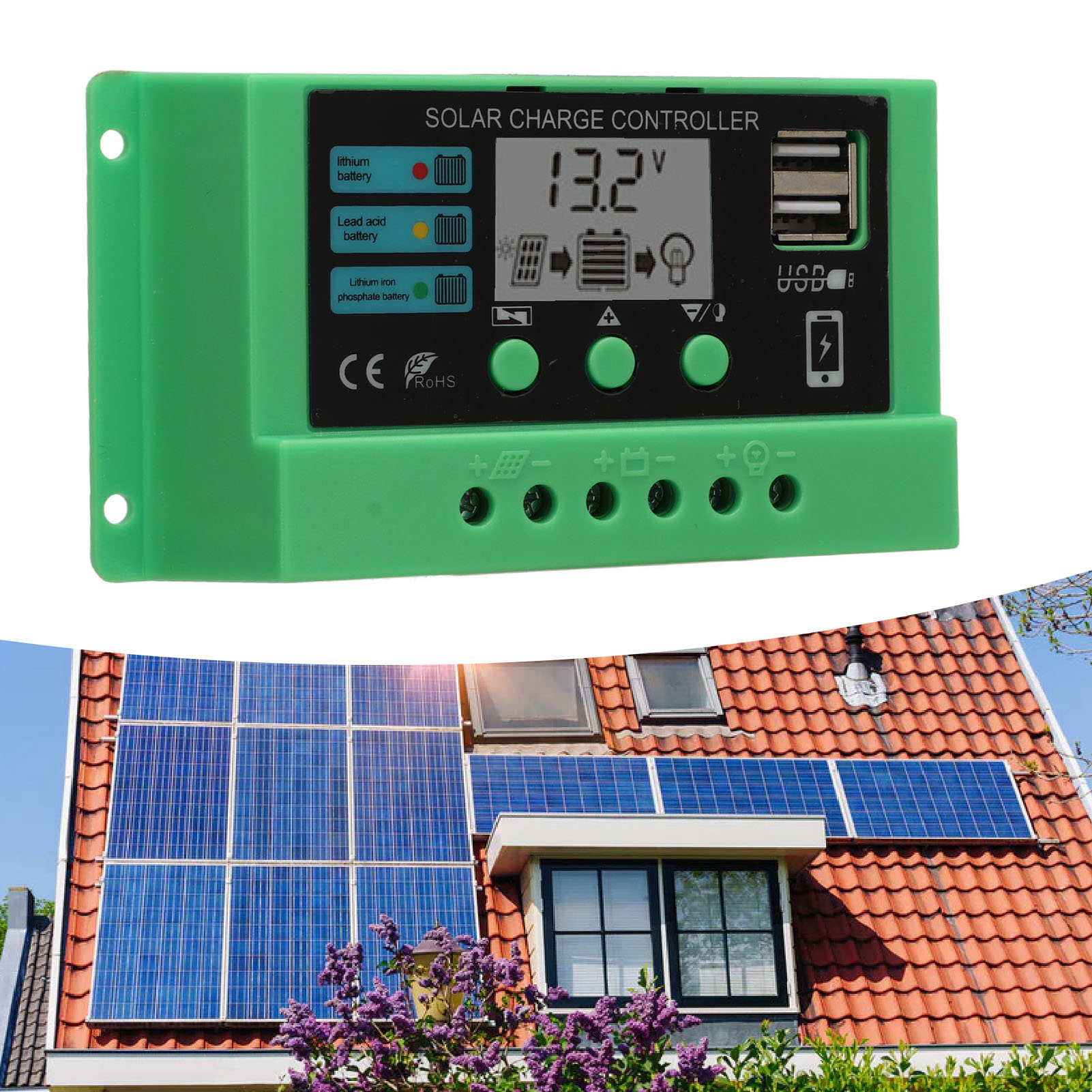 Solarladeregler Mit Grünem Gehäuse, Pwm-lcd-solarladeregler, Adaptiv 12v/24v, 30a.