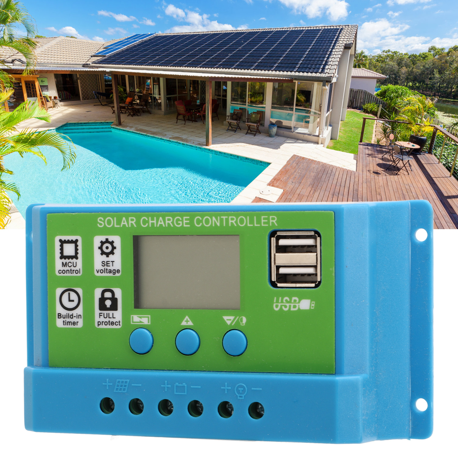 Photovoltaik-solarregler Mit Grüner Front Und Blauem Gehäuse, Solarladeregler, Adaptiv 12v/24v, 30a.