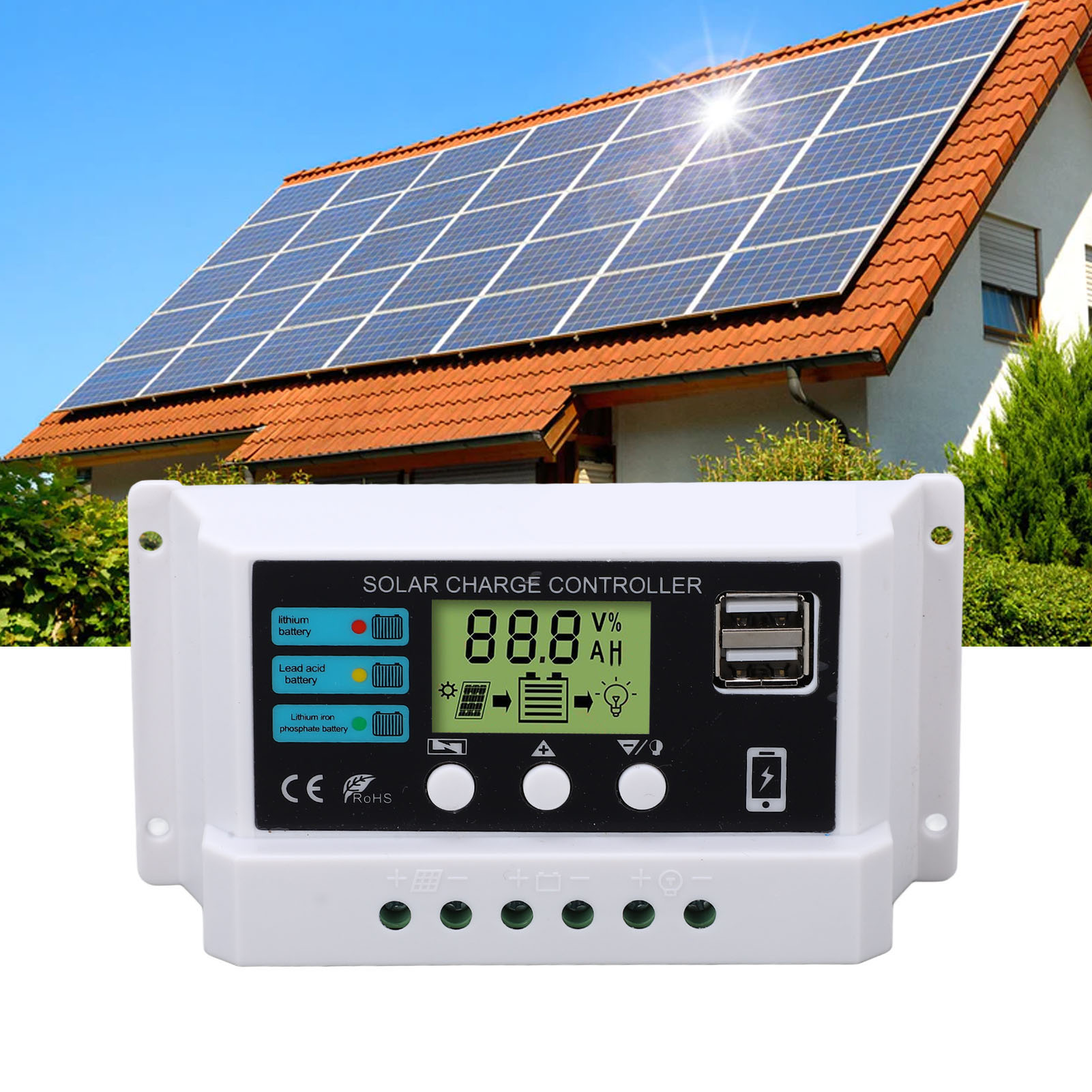 Solarladeregler Für Weiße Blei-säure-lithium-ionen-batterien Mit Lcd-bildschirm, Adaptiv 12v/24v 10a.