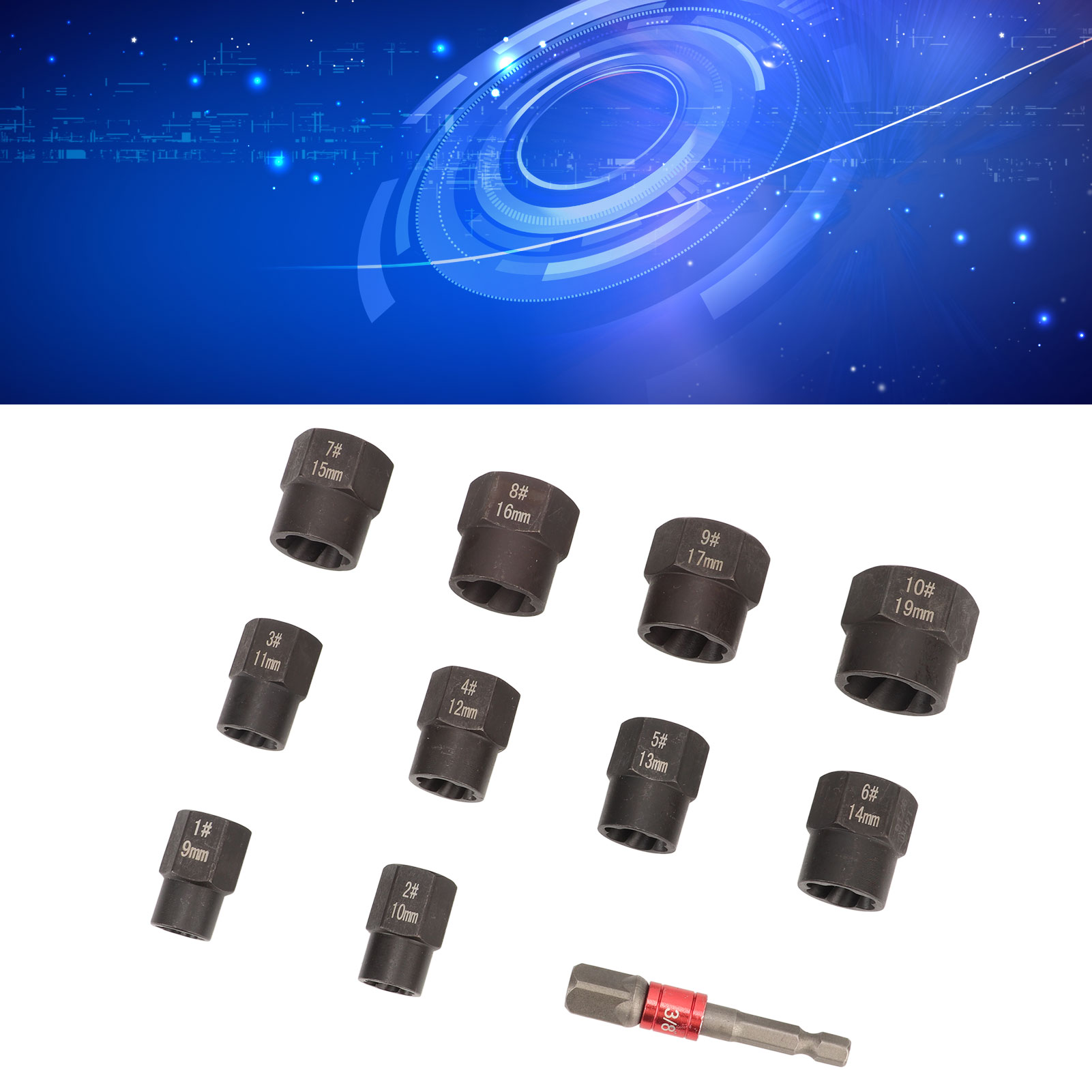 Set Mit 11 Sechskantmutternausdrehern, 3/8", Zum Entfernen Von Verrosteten Oder Abgebrochenen Schrauben Und Bolzen, Inklusive Steckschlüsseln Mit Gehärteten, Rutschfesten Griffen.