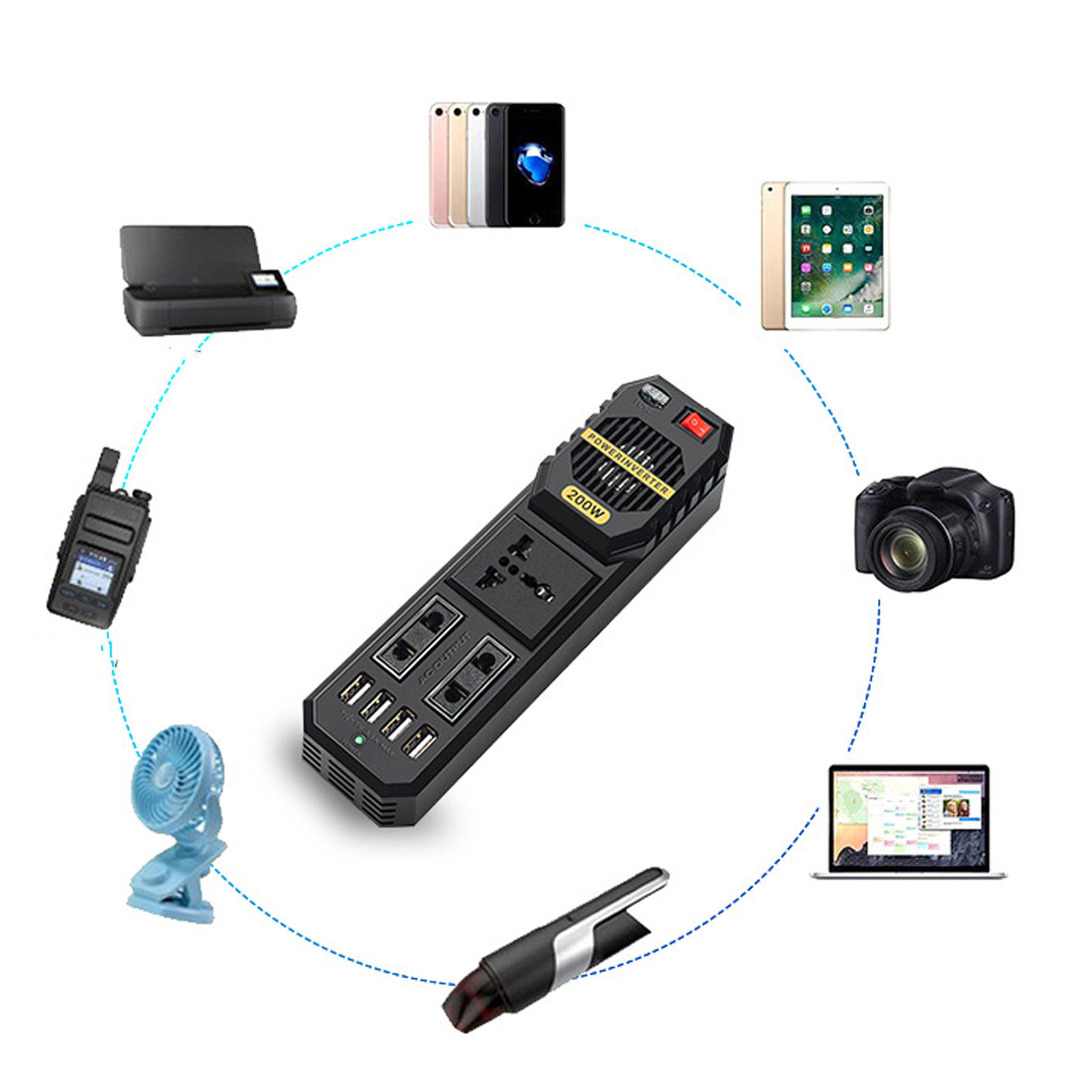Mini-wechselrichter-stromwandler E8981 200w Dc12v Auf Ac220v Mit 4 Usb-anschlüssen Und 3 Steckdosen